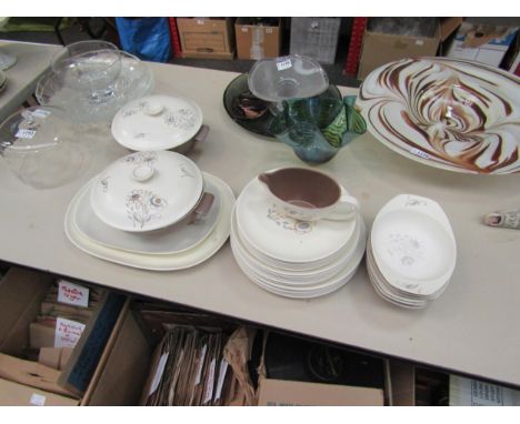A Poole pottery part dinner service for six place settings, pale blue and brown floral crayon design, some pieces a/f 