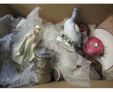 A box of miscellaneous including animal figures, trinket box, figurines etc 
