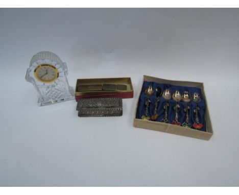 A silver trinket box, a set of plated Australia related spoons, two brass lighters and a Waterford crystal glass clock 