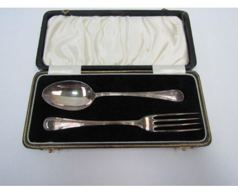A silver two piece Christening spoon and fork set, monogrammed handles 