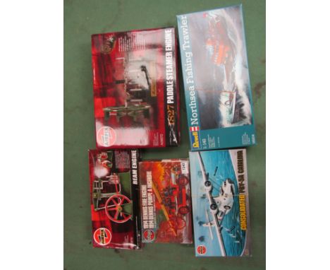 Four Airfix plastic model kits to include A08870 Paddle Steamer Engine, Consolidated PBY-5A Catalina and 1914 Dennis Fire Eng