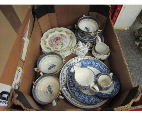 A mixed lot including Booth's "Real Old Willow" soup bowls, Goebel figures and Royal Doulton "Brambly Hedge" plates 