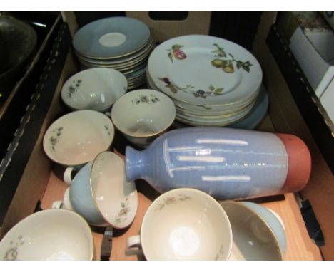 A box of teawares to include Royal Worcester 'Evesham' and Royal Doulton 'Elegance' and a Canadian studio pottery vase 