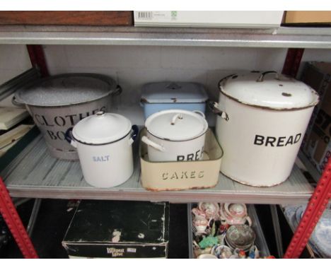 A quantity of vintage enamel containers including bread bin, cakes (no lid), clothes boiler, salt, etc 