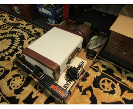A Lincoln wall clock together with a box containing mantel clock, record player etc 