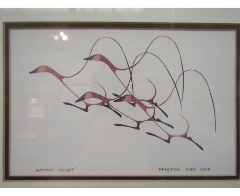 BENJAMIN CHEE CHEE: A line and image abstract print entitled "Autumn Flight", framed and glazed, 15cm x 22cm