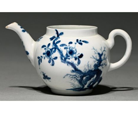 A Worcester blue and white miniature teapot, c1765-70,&nbsp;finely potted and painted with the Prunus Root pattern, 65mm h, w