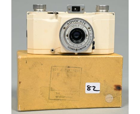An Ilford Advocate series one roll film camera, with cream enamel finish, with F35mm Dallmeyer lens, boxed Generally good, mi