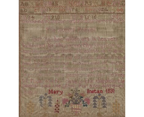 A William IV linen sampler, Mary Instan 1831, worked with the Lord's Prayer, trees and basket of flowers, 47.5 x 43cm Faded a