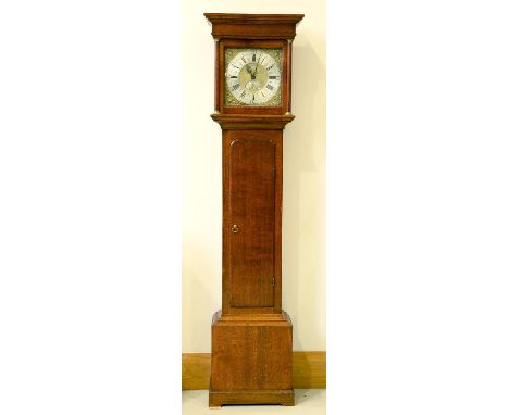 An oak thirty hour longcase clock, Wolley Codnor, 18th c, the 11" brass dial with matted centre, engraved with silvered banne