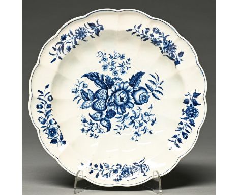 A Flight Worcester blue and white soup plate, c1790, transfer printed with the Pinecone Group pattern, 24.5cm diam, hatched c