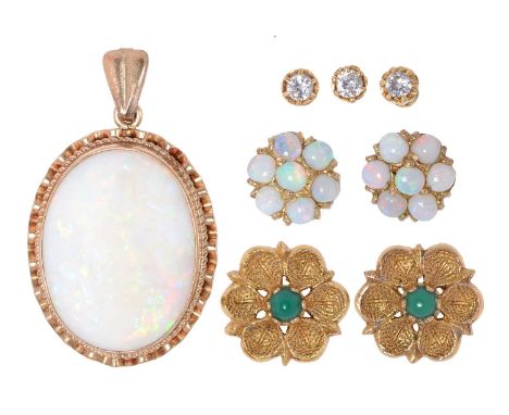 Three small diamond ear studs, a pair of turquoise and gold flower ear studs, a pair of opal cluster rings and an opal pendan