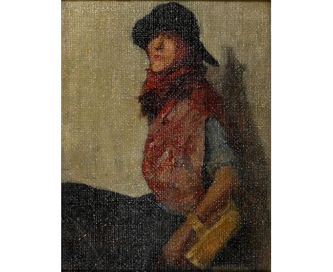 British School, 20th c - Portrait of a Woman holding a Punnet, oil on hessian laid on board, 31 x 24cm Good condition, beneat