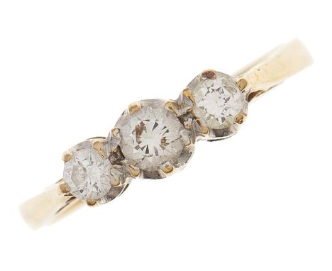 A three stone diamond ring, in 9ct gold, 1.4g, size K½ Light wear