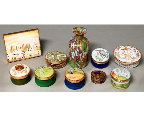 Eight various modern enamel boxes, including Halcyon Days limited edition Lowry Collection - Yachts, another Halcyon Days mus