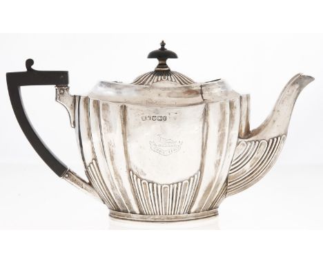 A Victorian silver teapot, of fluted oval shape, crested, 13.5cm h, by Lee &amp; Wigfull, Sheffield 1898, 13ozs 10dwts Worn; 