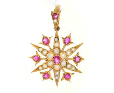 A ruby and split pearl star pendant and loop, in gold, 39mm, unmarked, 4.8g Good condition