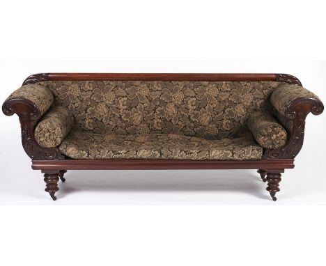 An early Victorian mahogany framed scroll arm sofa, c1840, the top rail with leaf panelled terminals, the arms caved tulip an