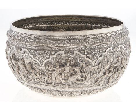 A Burmese silver repousse bowl, c1910, with jataka scenes, maker's mark [not in Owens], 11ozs 10dwts Good condition with poli