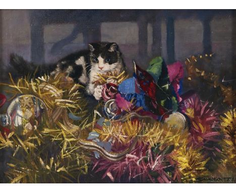 Wendy Stevenson (1950-2003) - Cat on an Upturned Wheelbarrow; The Cat's First Christmas Time, a pair, both signed, oil on can