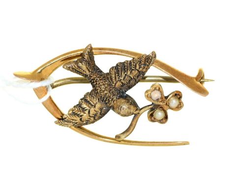 A split pearl and gold wishbone brooch, early 20th c, 32mm, marked 15ct, 3.8g Good condition