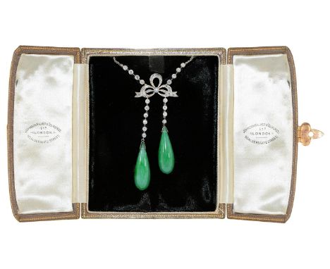 An Edwardian jade and diamond negligee necklet,&nbsp;in platinum, 48cm l, 11.6g, in a Johnson, Walker &amp; Tolhurst case Goo
