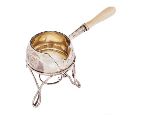 A Victorian silver brandy saucepan, with turned ivory handle, 15.5cm l, by The Goldsmiths &amp; Silversmiths Co, London 1893 