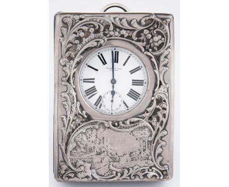 A Victorian silver mounted leather folding timepiece, the die stamped mount with garden scene, 15cm h, by William Comyns &amp