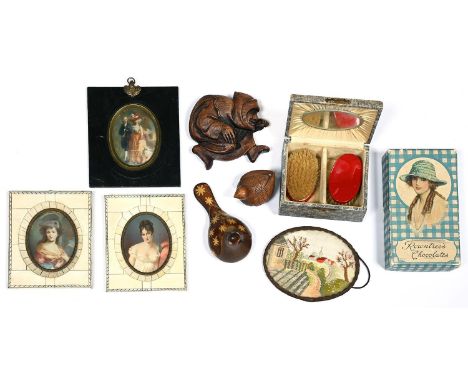 A Rowntrees Chocolates box, 1920's, two French decorative portrait miniatures, etc 