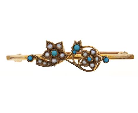A turquoise and split pearl floral bar brooch, in gold marked 9ct, 4.5g Good condition