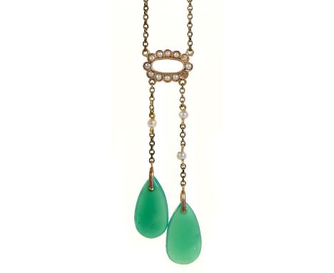 A green stone, seed pearl and split pearl negligee pendant-necklet, c1910, in gold, 40cm, marked 9c, 3.4g Lacks two split pea