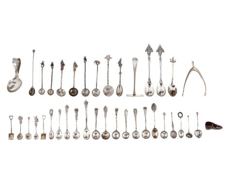 Miscellaneous silver condiment spoons and other small flatware, Victorian and later, to include a pair of wishbone sugar tong