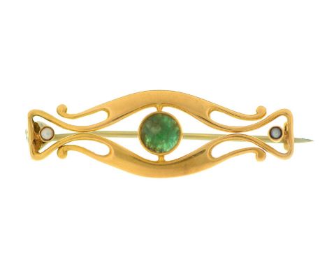 A Murrle, Bennet &amp; Co jugendstil green stone and split pearl openwork brooch, in gold, c1910, 40mm l, maker's mark and 15