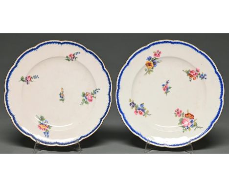 Two Sevres plates, 'assiettes feuille de chaux bouquets detachees', 1780, painted by Mme Marie-Marguerite-Gabriel Le Bel or M