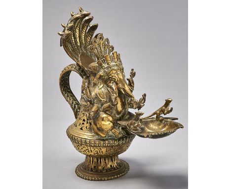 An Indian brass Ganesh form votive oil lamp, late 19th / early 20th c, 34cm h Good condition, old polish residues