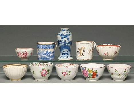 Five Worcester and other English porcelain tea bowls, an earthenware example, two coffee cans, a Chinese export porcelain tea