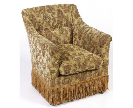An Edwardian mahogany&nbsp; chair, reupholstered in boteh decorated fabric, fringed, square tapered legs fitted ceramic casto