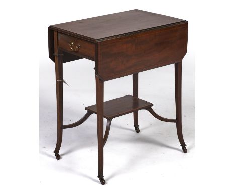 An Edwardian Sheraton revival two tier occasional table, satinwood, boxwood and ebony strung, the top with pair of cantered r