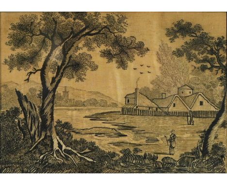 A George III silk picture,&nbsp;worked in black and white silk on silk with a man and woman seen from between two trees, 14 x