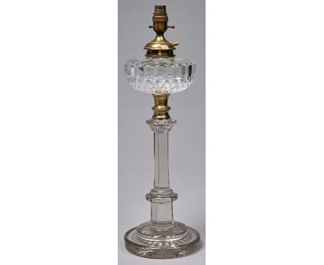An Edwardian cut glass oil lamp and detachable fount,&nbsp;50cm h excluding later electric bulb holder Good condition, note n