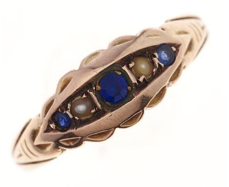 A synthetic sapphire and split pearl ring, in 9ct gold, Birmingham 1915, 2.4g, size O Wear consistent with age