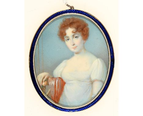 French (?) School, early 19th c - Portrait Miniature of a Young Lady, with curly auburn hair, in empire style white dress, he