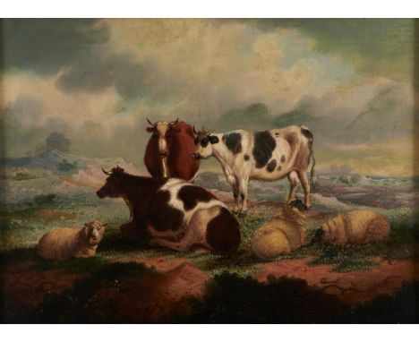 Follower of Thomas Sidney Cooper - Sheep and Cattle on a Hillock; Landscape with Sheep and Cattle, a pair, oil on canvas, 28.