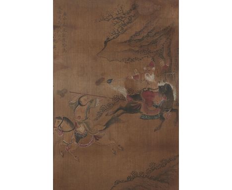 Chinese School - Mythological Subjects, a set of three, two inscribed, one with red seal, ink and pigment on silk, 40.5 x 27c