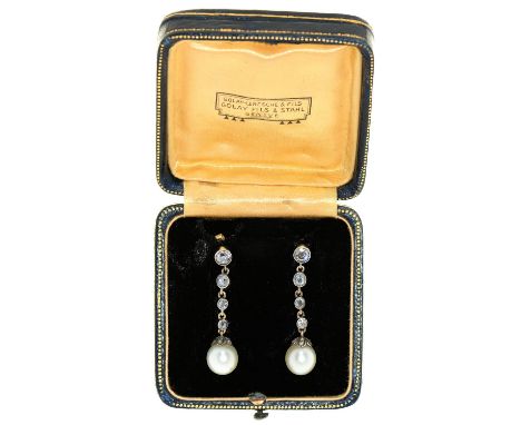 A pair of cultured pearl and diamond pendant earrings,&nbsp;in gold, with 9mm cultured pearl, fully articulated, 37mm, 4.6g, 