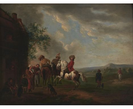 Dutch School, 18th century - Extensive Landscape with Cavaliers and a Lady on Horseback taking Refreshment at an Inn; Cavalry