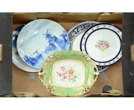 A Royal Worcester moulded dessert plate, decorated with flowers in cobalt border and several other decorative pottery and por