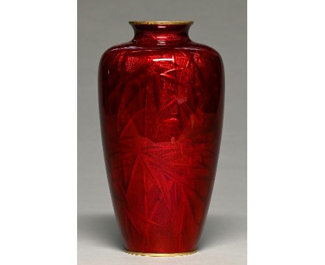 A Japanese cloisonne ginbari enamel vase, Taisho / Showa, of shouldered form, in deep red enamel over embossed foil ground wi