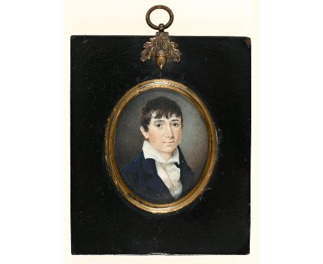 British School, early 19th c - Portrait Miniature of a Boy, in navy coat, open collar and frilled cravat, ivory, oval, 63mm, 