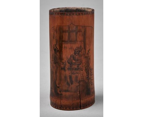A South East Asian bamboo brush pot, with penwork decoration of two figures at an open window, 16.5cm h Descending shrinkage 